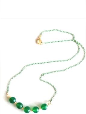 Green quartzite gems, green diamond cut 14k gold chain 18” necklace